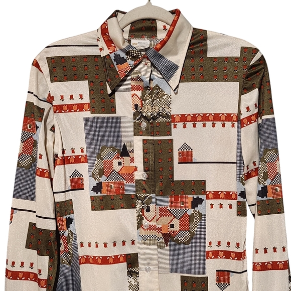 Vintage Button Up Shirt Womens Large Tall Village Scene Folk Cottagecore Retro - Picture 3 of 10